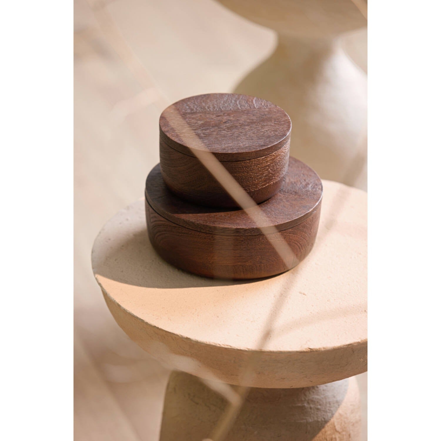 Deco box Ø14x7 cm METETI hout mat donker bruin